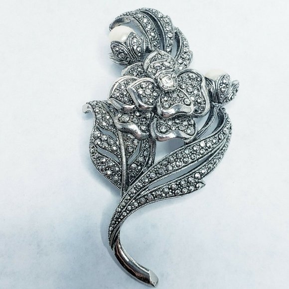 KJL Kenneth Jay Lane Marcasite Faux Pearls Rhinestone Flower Brooch Pin Signed - Picture 1 of 5